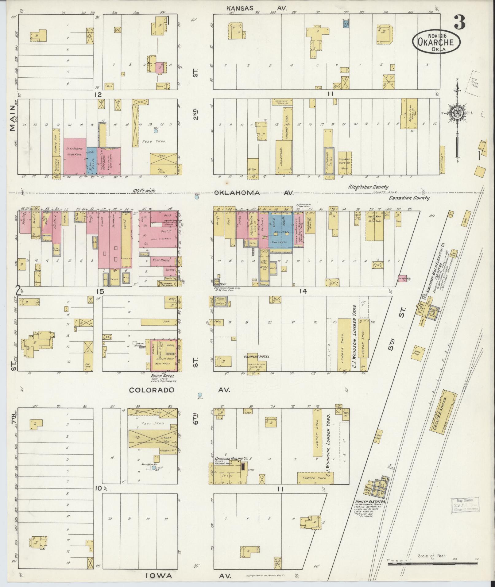Sanborn Fire Insurance Map from Okarche, Kingfisher and Canadian Counties, Oklahoma (1916), Sheet #0003 - Complete Map Set gallery image, historic Sanborn map, vintage wall art, Oklahoma Oklahoma