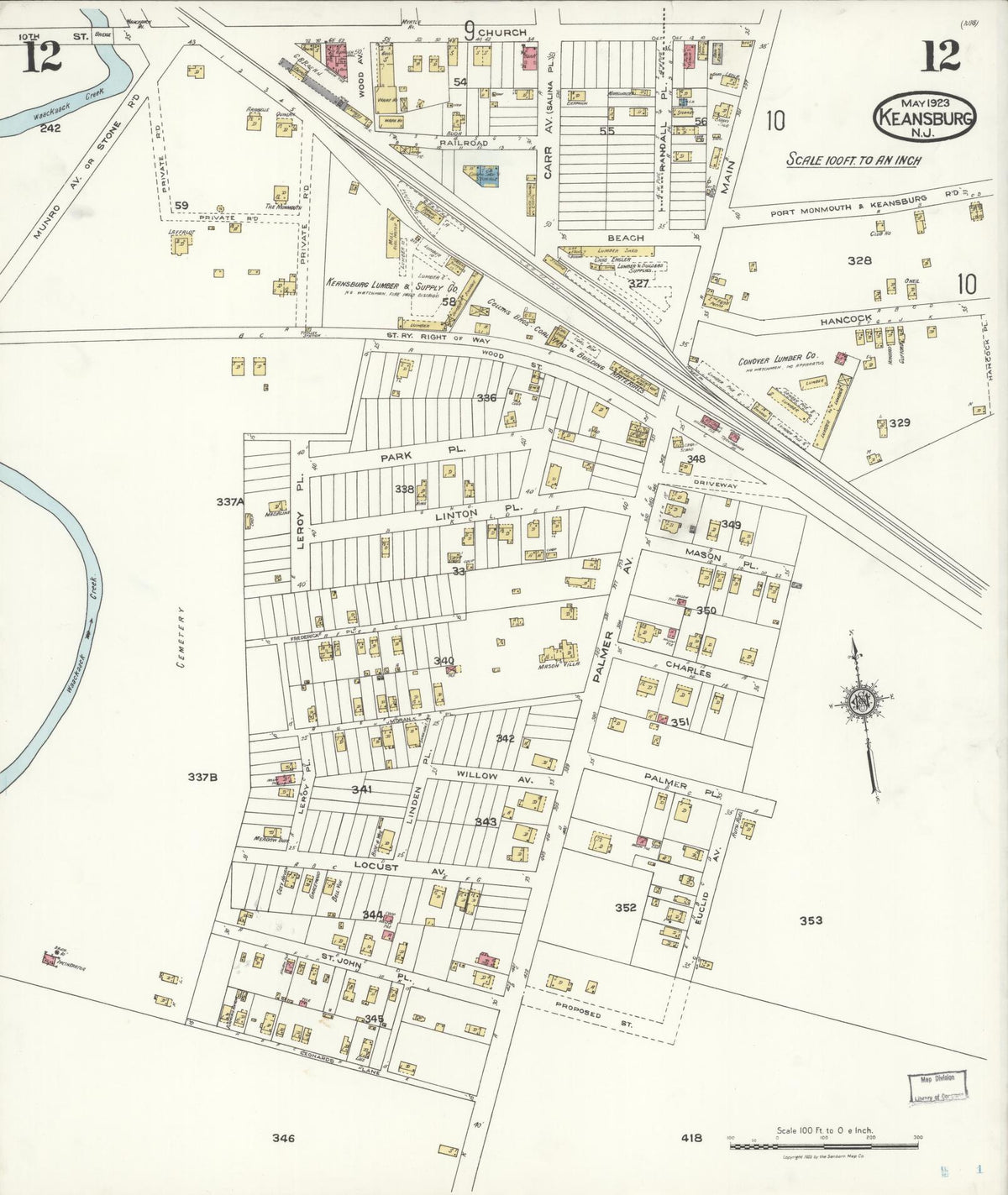 Sanborn Fire Insurance Map from Keansburg, Monmouth County, New Jersey (1923), Sheet #0012 - Historic Sanborn Fire Insurance Map Print, vintage old map wall art, antique decor, genealogy gift, New Jersey New Jersey map