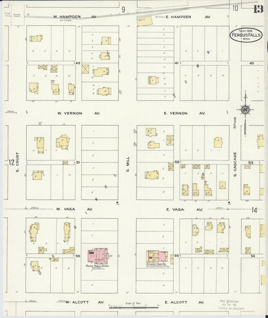 Sanborn Fire Insurance Map from Fergus Falls, Otter Tail County, Minnesota (1909), Sheet #0013 - Historic Sanborn Fire Insurance Map Print, vintage old map wall art, antique decor, genealogy gift, Minnesota Minnesota map