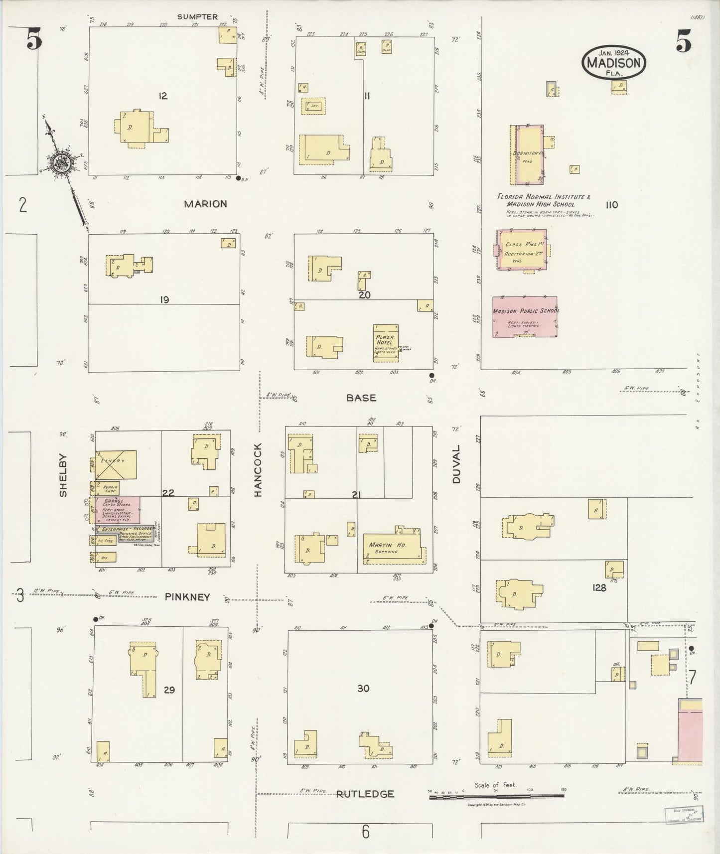 Sanborn Fire Insurance Map from Madison, Madison County, Florida (1924), Sheet #0005 - Complete Map Set gallery image, historic Sanborn map, vintage wall art, Florida Florida