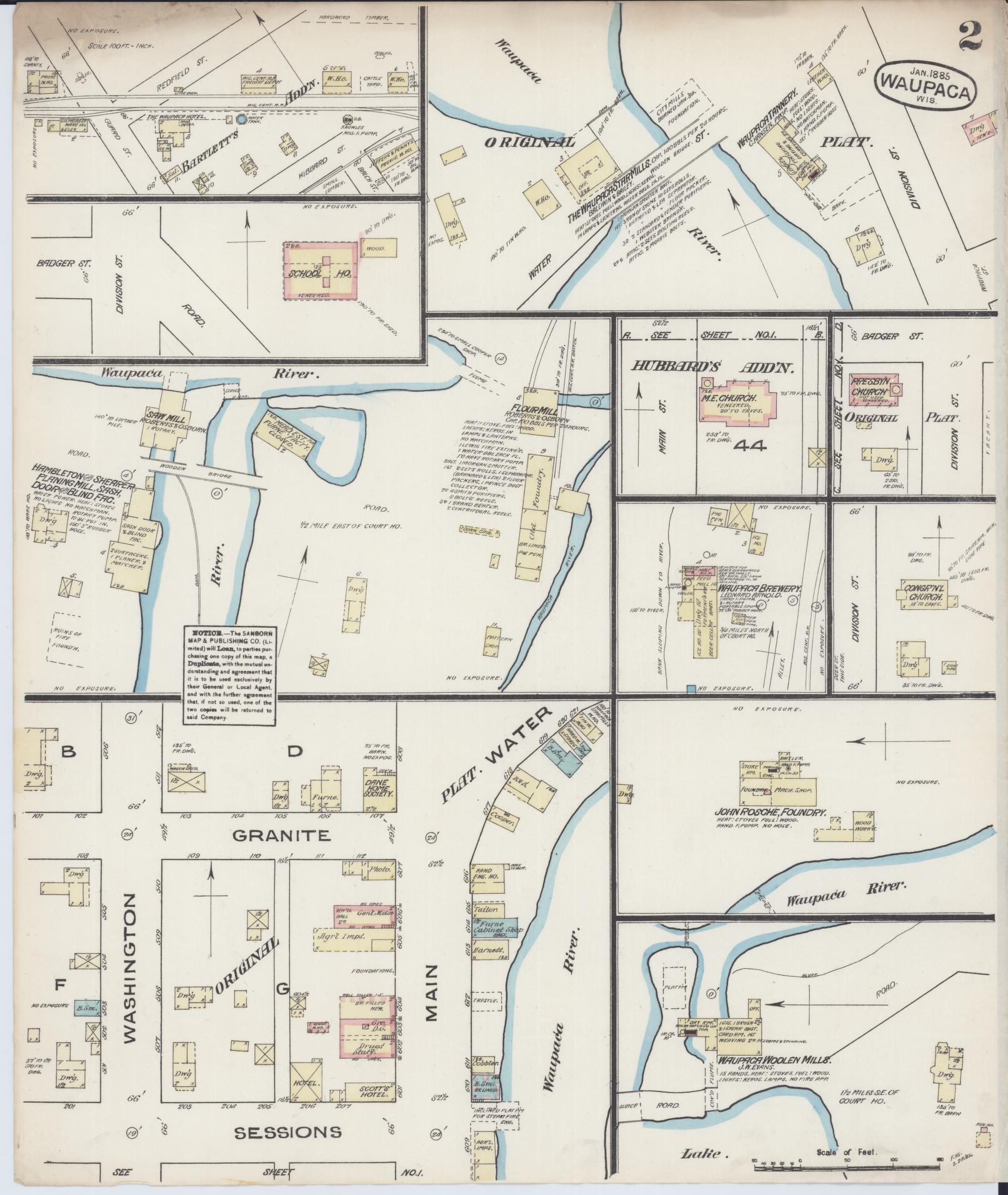 Sanborn Fire Insurance Map from Waupaca, Waupaca County, Wisconsin (1885), Sheet #0002 - Historic Sanborn Fire Insurance Map Print, vintage old map wall art, antique decor, genealogy gift, Wisconsin Wisconsin map