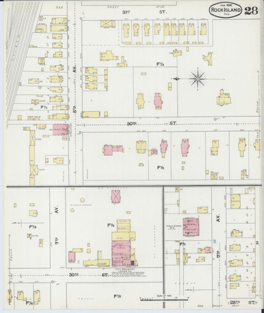 Sanborn Fire Insurance Map from Rock Island, Rock Island County, Illinois (1892), Sheet #0028 - Historic Sanborn Fire Insurance Map Print, vintage old map wall art, antique decor, genealogy gift, Illinois Illinois map