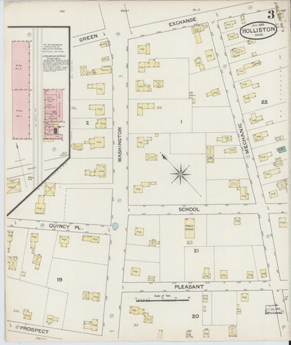 Sanborn Fire Insurance Map from Holliston, Middlesex County, Massachusetts (1888), Sheet #0003 - Historic Sanborn Fire Insurance Map Print, vintage old map wall art, antique decor, genealogy gift, Massachusetts Massachusetts map