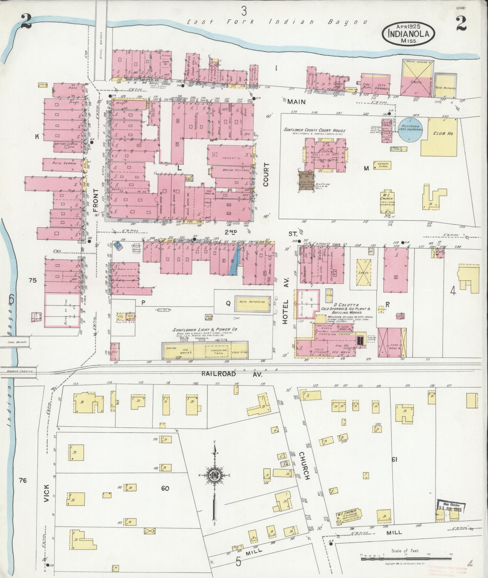 Sanborn Fire Insurance Map from Indianola, Sunflower County, Mississippi (1925), Sheet #0002 - Historic Sanborn Fire Insurance Map Print, vintage old map wall art, antique decor, genealogy gift, Mississippi Mississippi map
