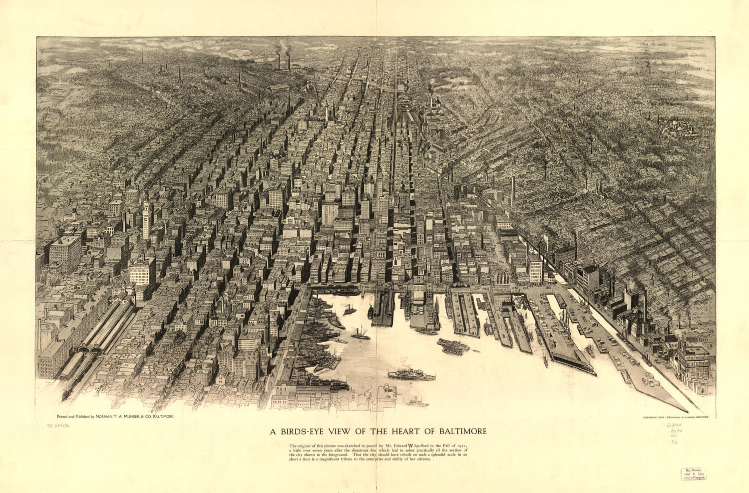 A birds-eye view of the heart of Baltimore. (1912) – Historic Bird’s-Eye View Panorama Print