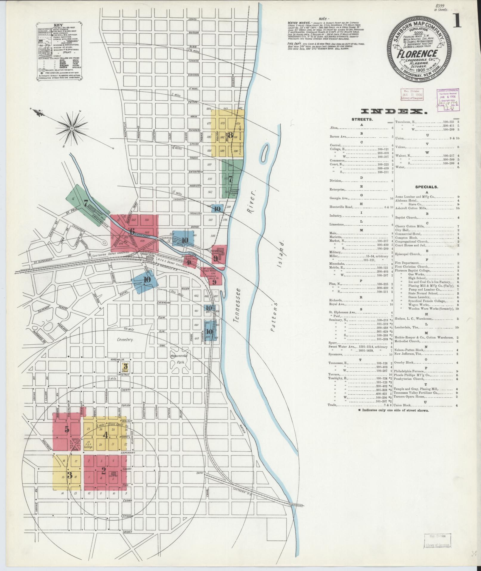 Sanborn Fire Insurance Map from Florence, Lauderdale County, Alabama (1905), Sheet #0001 - Historic Sanborn Fire Insurance Map Print, vintage old map wall art, antique decor, genealogy gift, Alabama Alabama map