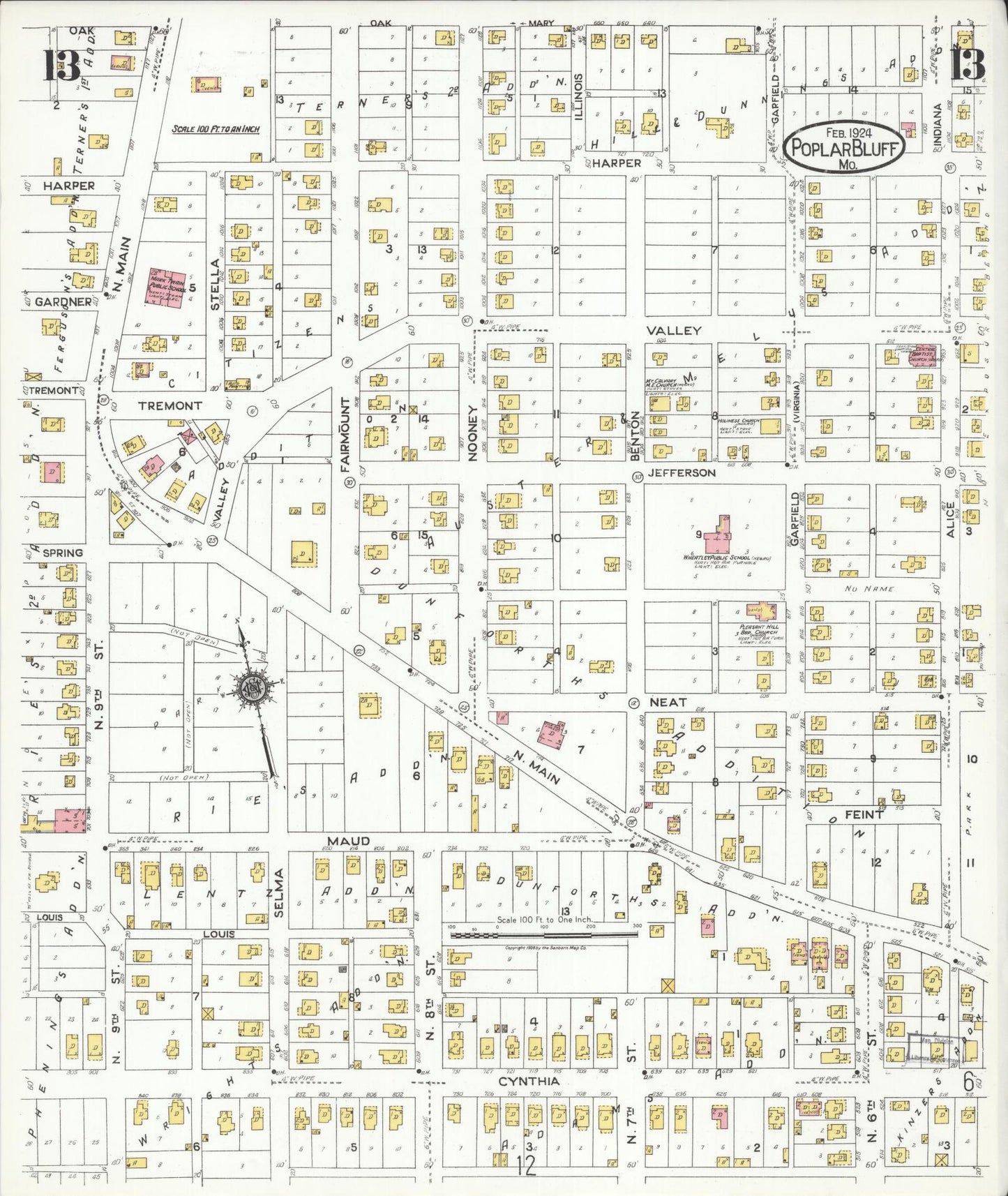 Sanborn Fire Insurance Map from Poplar Bluff, Butler County, Missouri (1924), Sheet #0013 - Historic Sanborn Fire Insurance Map Print, vintage old map wall art, antique decor, genealogy gift, Missouri Missouri map