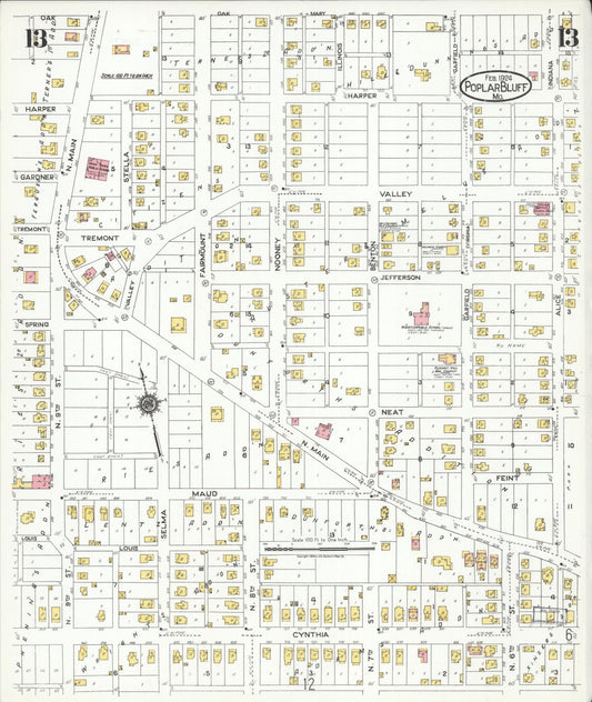 Sanborn Fire Insurance Map from Poplar Bluff, Butler County, Missouri (1924), Sheet #0013 - Historic Sanborn Fire Insurance Map Print, vintage old map wall art, antique decor, genealogy gift, Missouri Missouri map