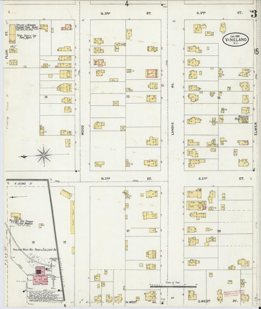 Sanborn Fire Insurance Map from Vineland, Cumberland County, New Jersey (1906), Sheet #0003 - Historic Sanborn Fire Insurance Map Print, vintage old map wall art, antique decor, genealogy gift, New Jersey New Jersey map