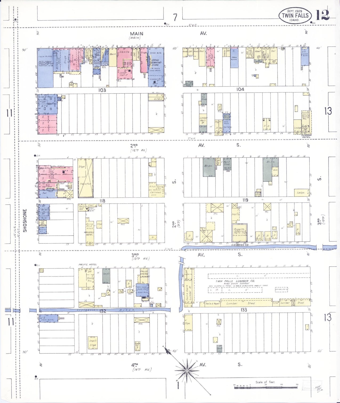 Sanborn Fire Insurance Map from Twin Falls, Twin Falls County, Idaho (1909), Sheet #0012 - Complete Map Set gallery image, historic Sanborn map, vintage wall art, Falls Idaho