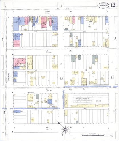 Sanborn Fire Insurance Map from Twin Falls, Twin Falls County, Idaho (1909), Sheet #0012 - Complete Map Set gallery image, historic Sanborn map, vintage wall art, Falls Idaho