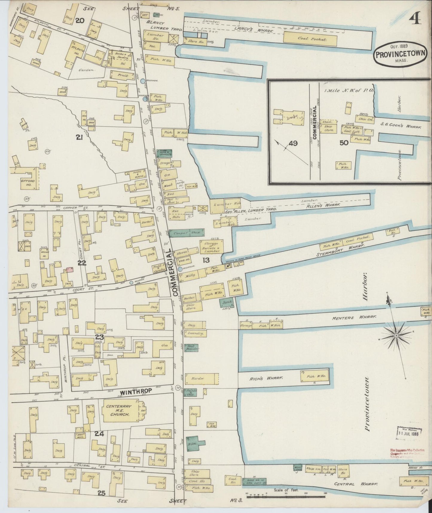 Sanborn Fire Insurance Map from Provincetown, Barnstable County, Massachusetts (1889), Sheet #0004 - Historic Sanborn Fire Insurance Map Print, vintage old map wall art, antique decor, genealogy gift, Massachusetts Massachusetts map