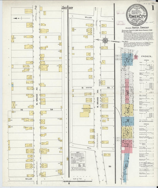 Sanborn Fire Insurance Map from Tower City, Schuylkill County, Pennsylvania (1911), Sheet #0001 - Historic Sanborn Fire Insurance Map Print, vintage old map wall art, antique decor, genealogy gift, Pennsylvania Pennsylvania map