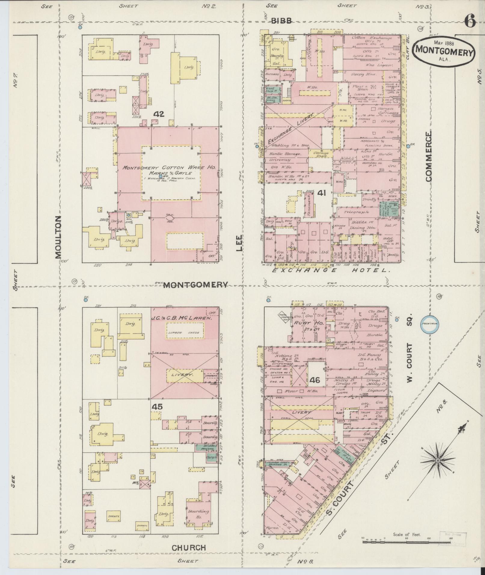 Sanborn Fire Insurance Map from Montgomery, Montgomery County, Alabama (1888), Sheet #0006 - Historic Sanborn Fire Insurance Map Print, vintage old map wall art, antique decor, genealogy gift, Alabama Alabama map