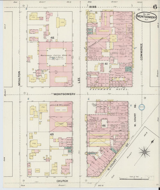 Sanborn Fire Insurance Map from Montgomery, Montgomery County, Alabama (1888), Sheet #0006 - Historic Sanborn Fire Insurance Map Print, vintage old map wall art, antique decor, genealogy gift, Alabama Alabama map