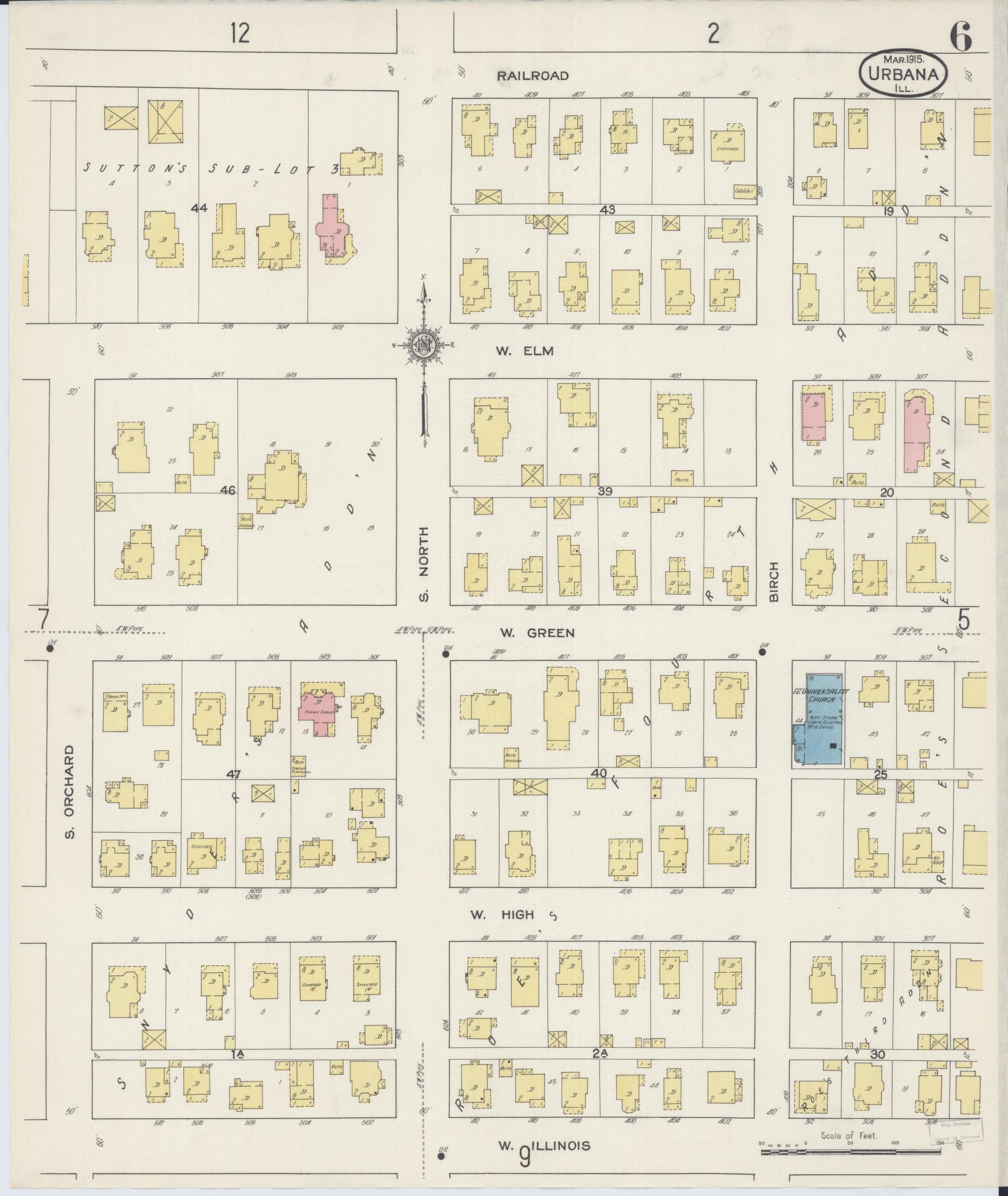Sanborn Fire Insurance Map from Urbana, Champaign County, Illinois (1915), Sheet #0006 - Complete Map Set gallery image, historic Sanborn map, vintage wall art, Illinois Illinois