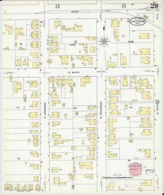 Sanborn Fire Insurance Map from Jackson, Hinds County, Mississippi (1909), Sheet #0029 - Historic Sanborn Fire Insurance Map Print, vintage old map wall art, antique decor, genealogy gift, Mississippi Mississippi map