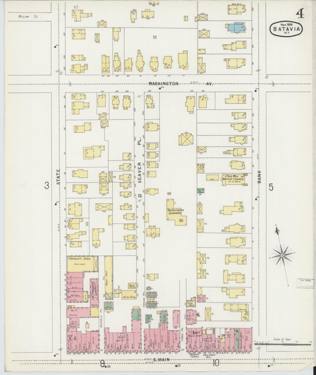Sanborn Fire Insurance Map from Batavia, Genesee County, New York (1896), Sheet #0004 - Historic Sanborn Fire Insurance Map Print, vintage old map wall art, antique decor, genealogy gift, New York New York map