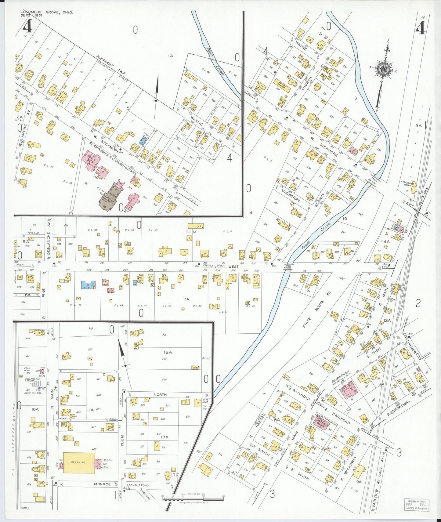 Sanborn Fire Insurance Map from Columbus Grove, Putnam County, Ohio (1951), Sheet #0004 - Historic Sanborn Fire Insurance Map Print, vintage old map wall art, antique decor, genealogy gift, Ohio Ohio map