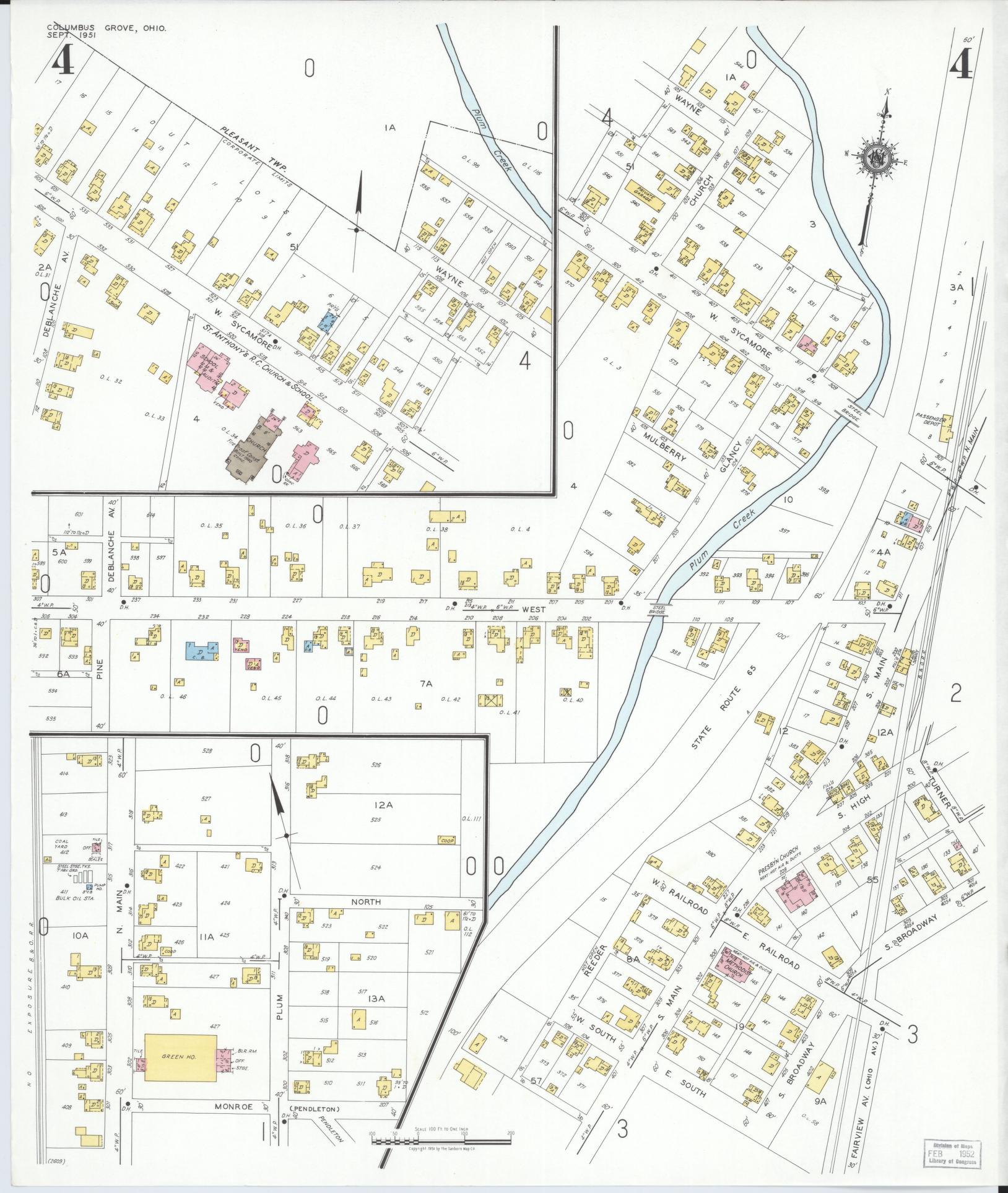 Sanborn Fire Insurance Map from Columbus Grove, Putnam County, Ohio (1951), Sheet #0004 - Historic Sanborn Fire Insurance Map Print, vintage old map wall art, antique decor, genealogy gift, Ohio Ohio map