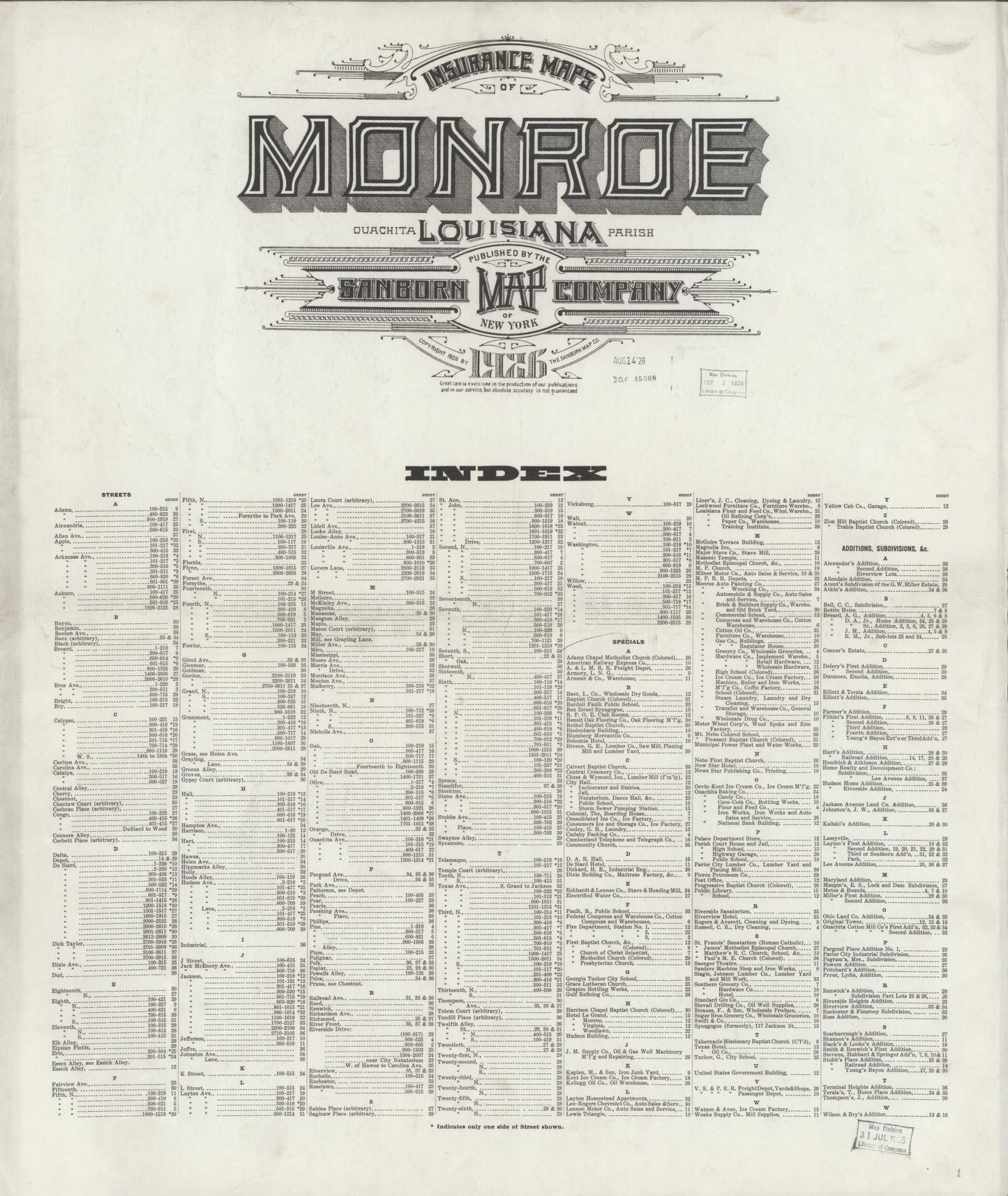 Sanborn Fire Insurance Map from Monroe, Ouachita Parish, Louisiana. (1926) – Historic Sanborn Fire Insurance Map Print