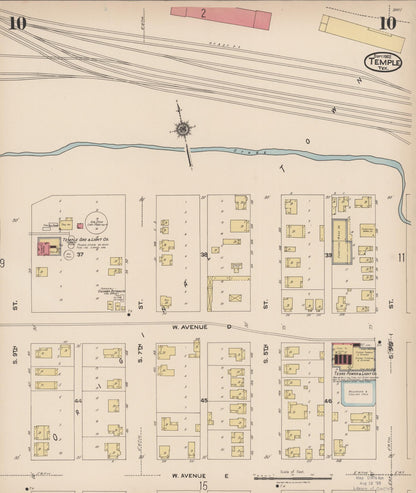 Sanborn Fire Insurance Map from Temple, Bell County, Texas (1922), Sheet #0010 - Historic Sanborn Fire Insurance Map Print, vintage old map wall art, antique decor, genealogy gift, Texas Texas map