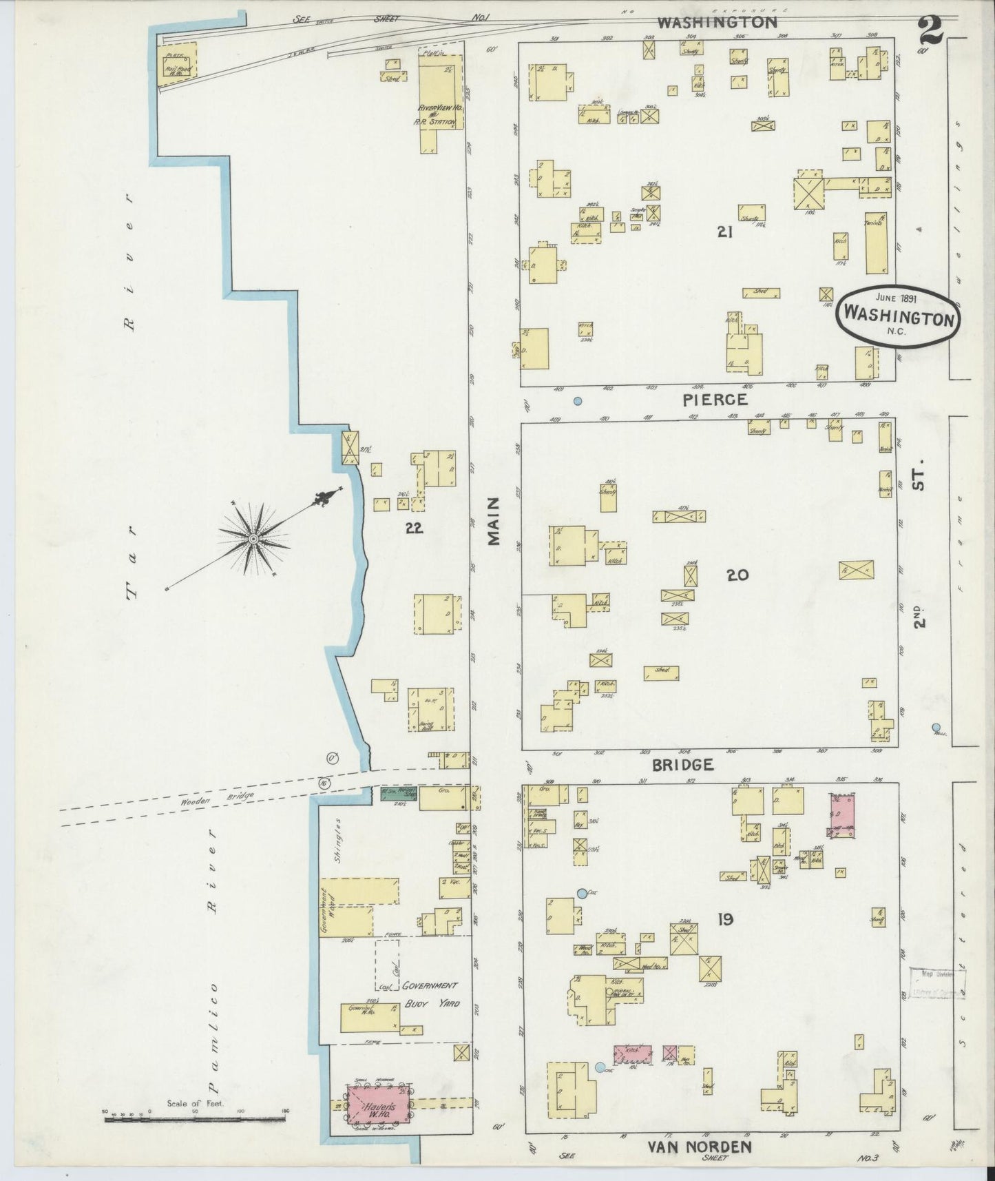Sanborn Fire Insurance Map from Washington, Beaufort County, North Carolina (1891), Sheet #0002 - Complete Map Set gallery image, historic Sanborn map, vintage wall art, North Carolina North Carolina