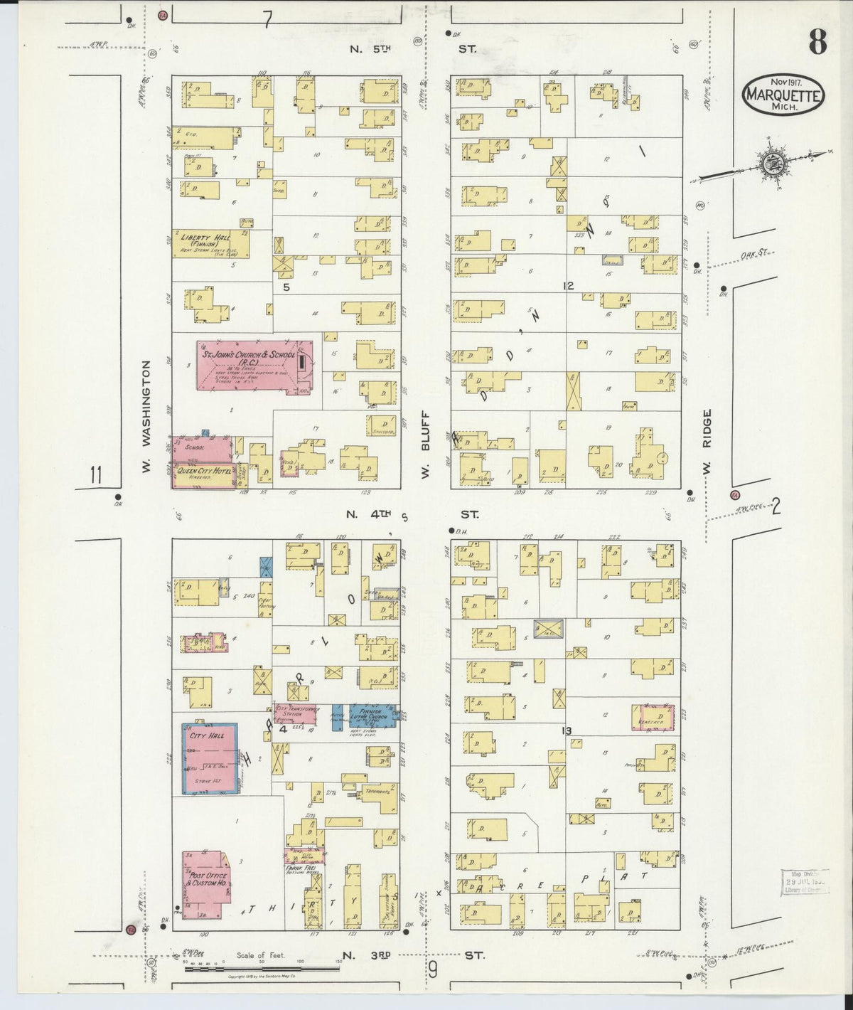 Sanborn Fire Insurance Map from Marquette, Marquette County, Michigan (1917), Sheet #0008 - Historic Sanborn Fire Insurance Map Print, vintage old map wall art, antique decor, genealogy gift, Michigan Michigan map