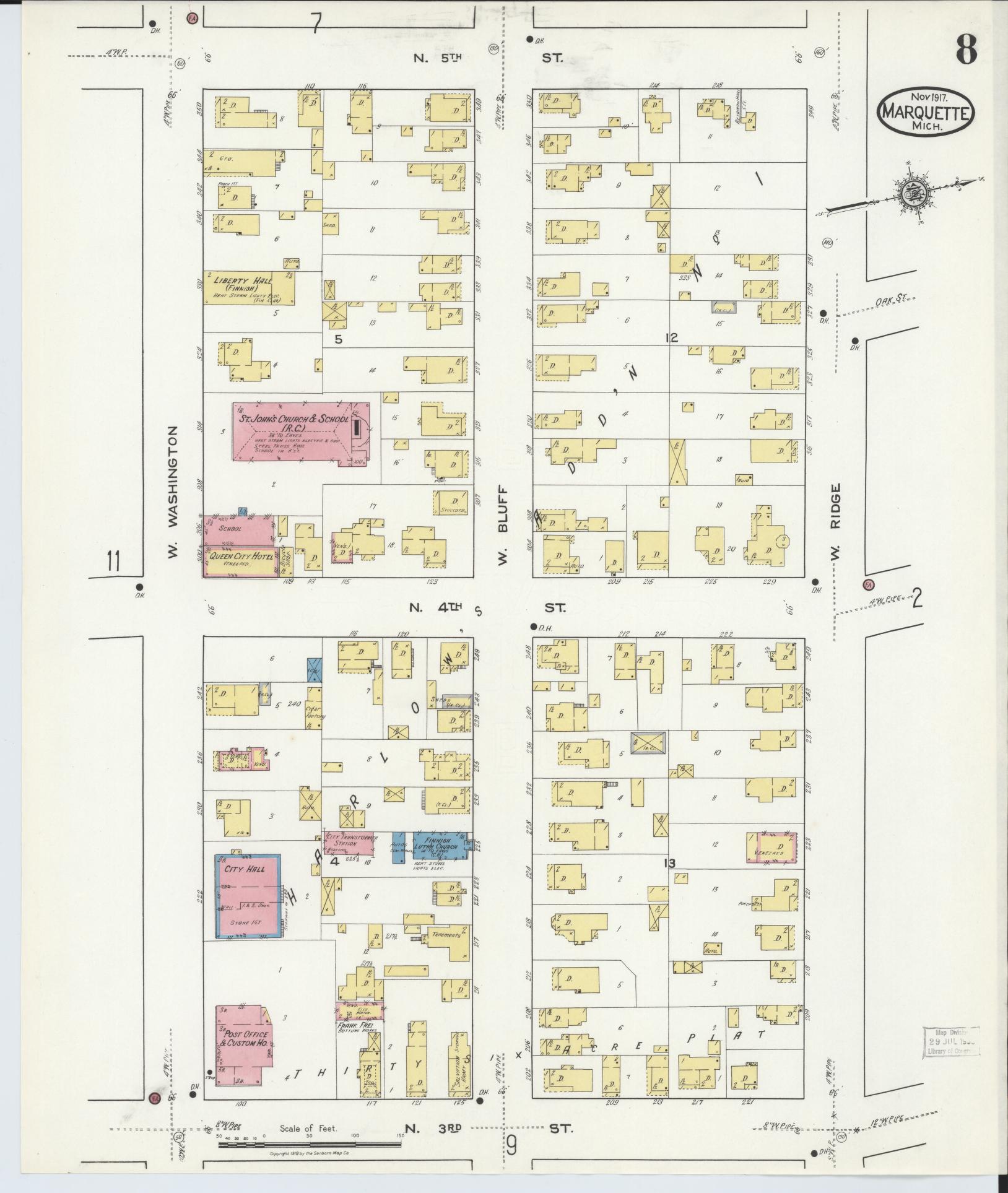 Sanborn Fire Insurance Map from Marquette, Marquette County, Michigan (1917), Sheet #0008 - Historic Sanborn Fire Insurance Map Print, vintage old map wall art, antique decor, genealogy gift, Michigan Michigan map