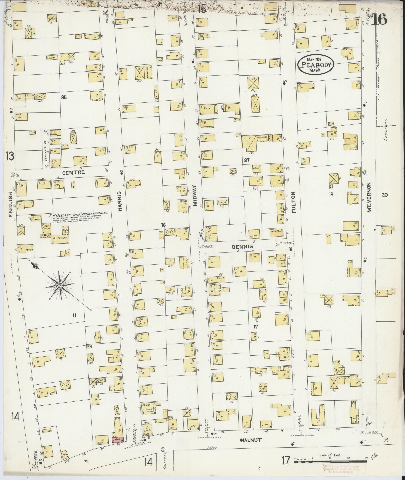 Sanborn Fire Insurance Map from Peabody, Essex County, Massachusetts (1907), Sheet #0016 - Complete Map Set gallery image, historic Sanborn map, vintage wall art, Massachusetts Massachusetts