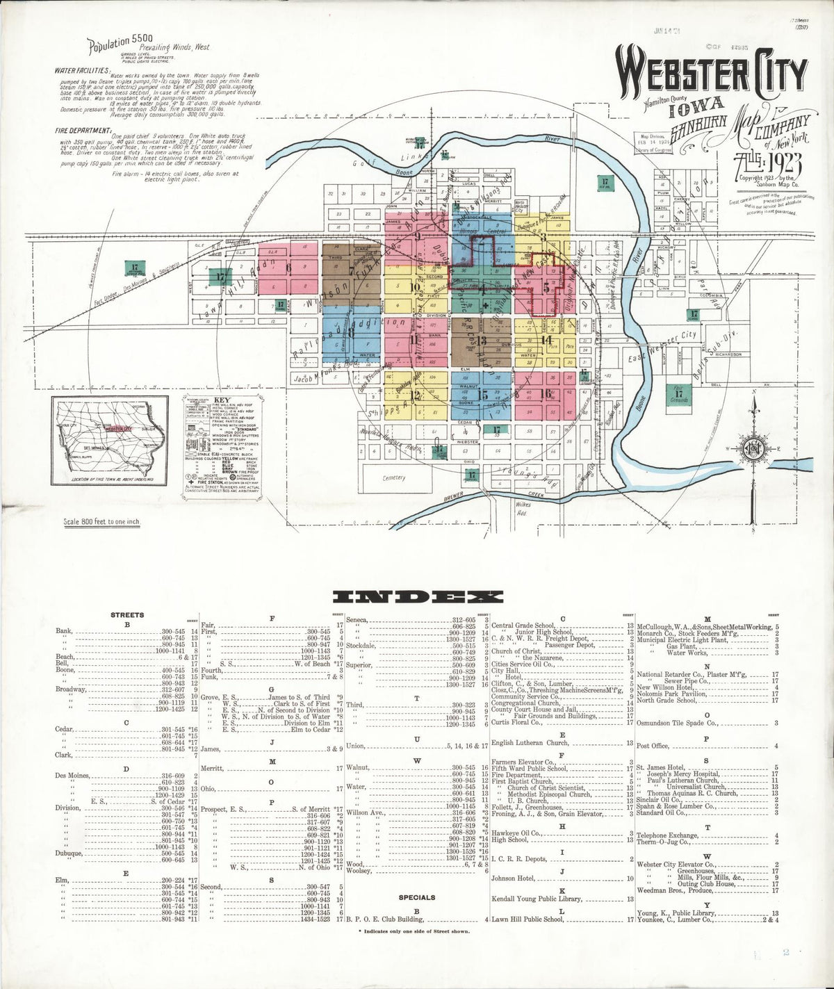 Sanborn Fire Insurance Map from Webster City, Hamilton County, Iowa (1923), Sheet #0001 - Historic Sanborn Fire Insurance Map Print, vintage old map wall art