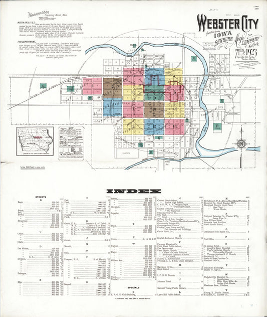 Sanborn Fire Insurance Map from Webster City, Hamilton County, Iowa (1923), Sheet #0001 - Historic Sanborn Fire Insurance Map Print, vintage old map wall art