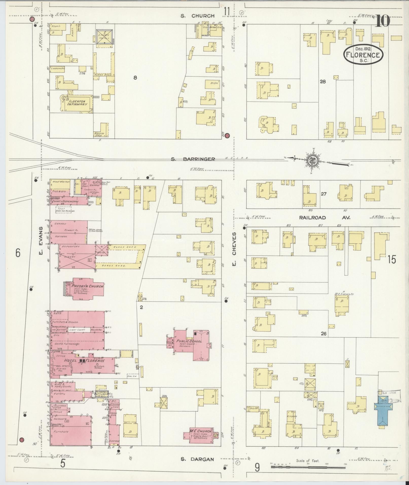 Sanborn Fire Insurance Map from Florence, Florence County, South Carolina (1912), Sheet #0010 - Complete Map Set gallery image, historic Sanborn map, vintage wall art, South Carolina South Carolina