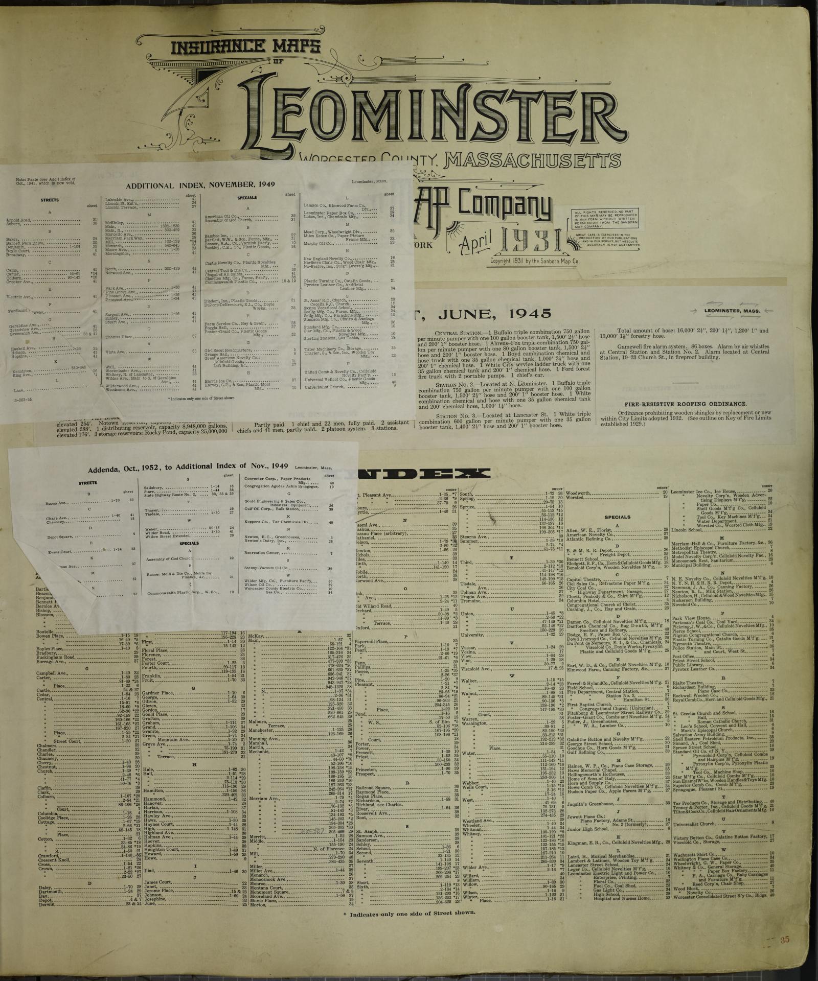 Sanborn Fire Insurance Map from Leominster, Worcester County, Massachusetts (1952), Sheet #0001 - Historic Sanborn Fire Insurance Map Print, vintage old map wall art, antique decor, genealogy gift, Massachusetts Massachusetts map