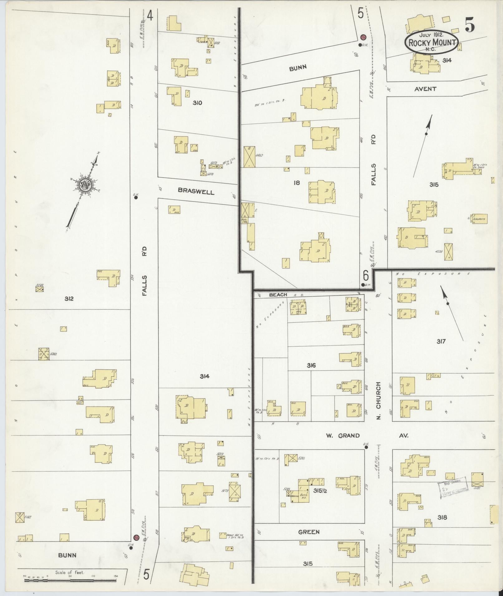 Sanborn Fire Insurance Map from Rocky Mount, Edgecombe And Nash Counties, North Carolina (1912), Sheet #0005 - Historic Sanborn Fire Insurance Map Print, vintage old map wall art, antique decor, genealogy gift, North Carolina North Carolina map