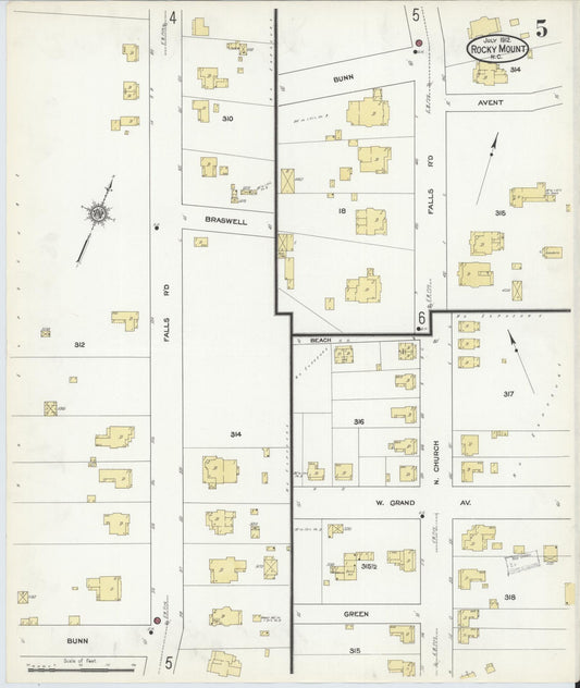 Sanborn Fire Insurance Map from Rocky Mount, Edgecombe And Nash Counties, North Carolina (1912), Sheet #0005 - Historic Sanborn Fire Insurance Map Print, vintage old map wall art, antique decor, genealogy gift, North Carolina North Carolina map