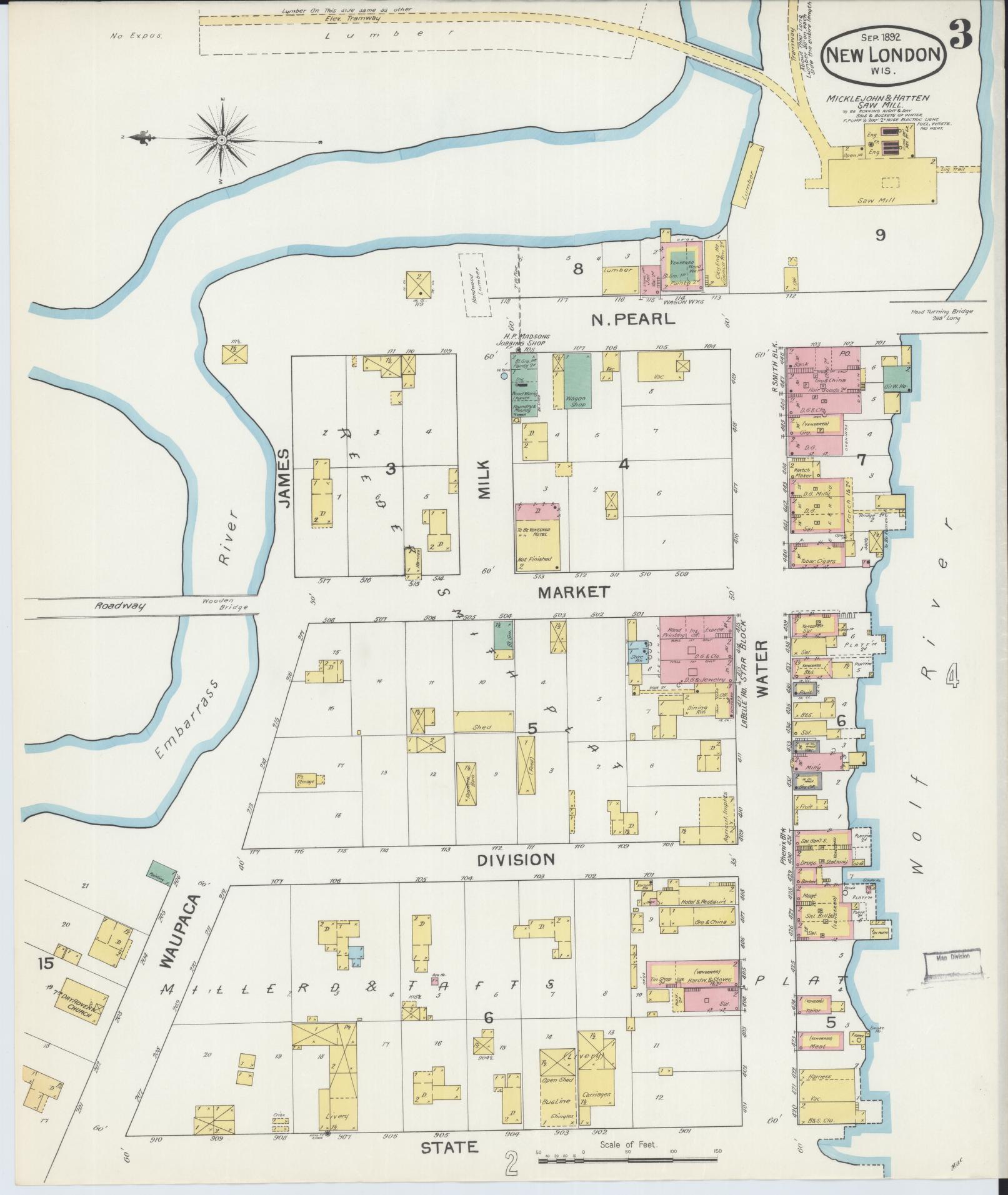 Sanborn Fire Insurance Map from New London, Waupaca and Outagamie Counties, Wisconsin (1892), Sheet #0003 - Complete Map Set gallery image, historic Sanborn map, vintage wall art, Wisconsin Wisconsin