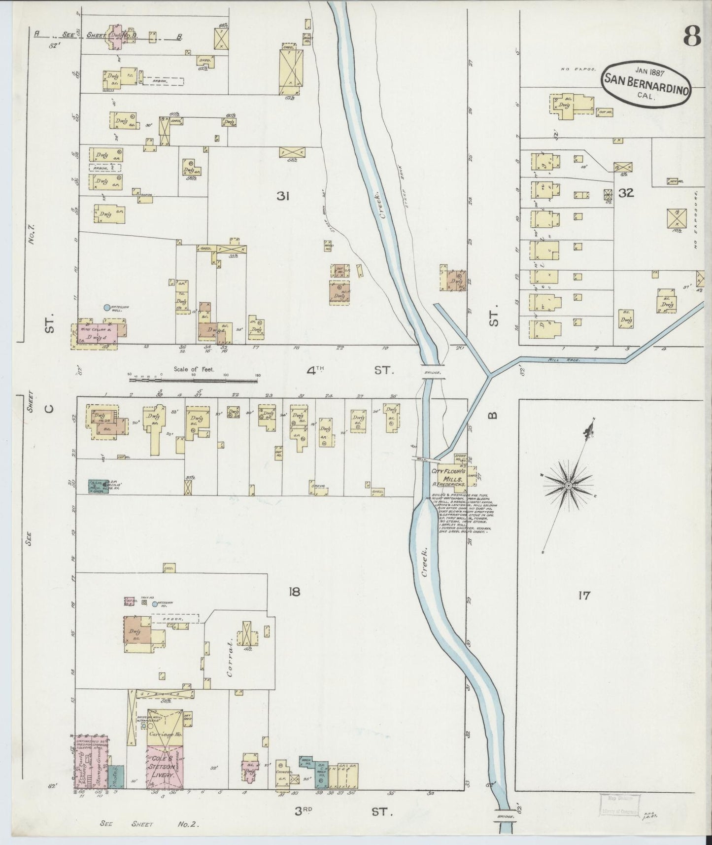 Sanborn Fire Insurance Map from San Bernardino, San Bernardino County, California (1887), Sheet #0008 - Complete Map Set gallery image, historic Sanborn map, vintage wall art, California California