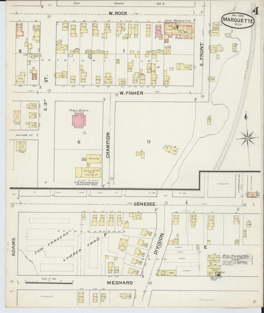 Sanborn Fire Insurance Map from Marquette, Marquette County, Michigan (1888), Sheet #0004 - Historic Sanborn Fire Insurance Map Print, vintage old map wall art, antique decor, genealogy gift, Michigan Michigan map