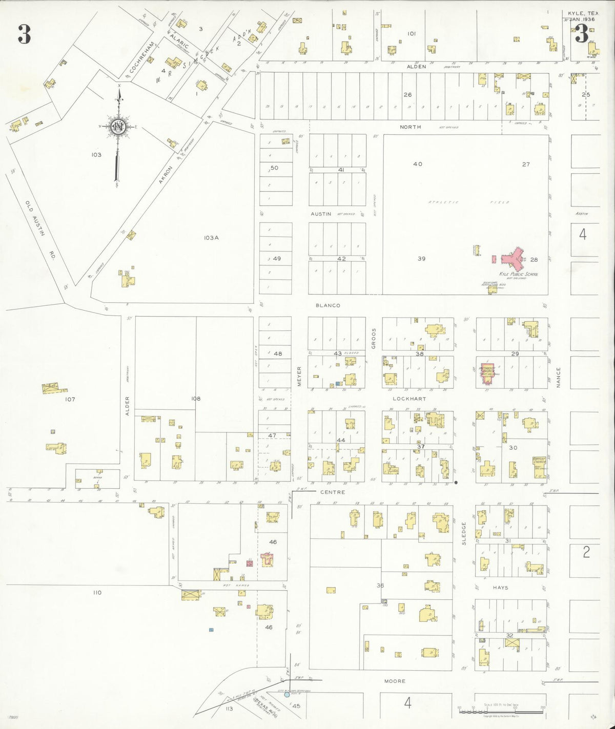 Sanborn Fire Insurance Map from Kyle, Hays County, Texas (1936), Sheet #0003 - Complete Map Set gallery image, historic Sanborn map, vintage wall art, Texas Texas
