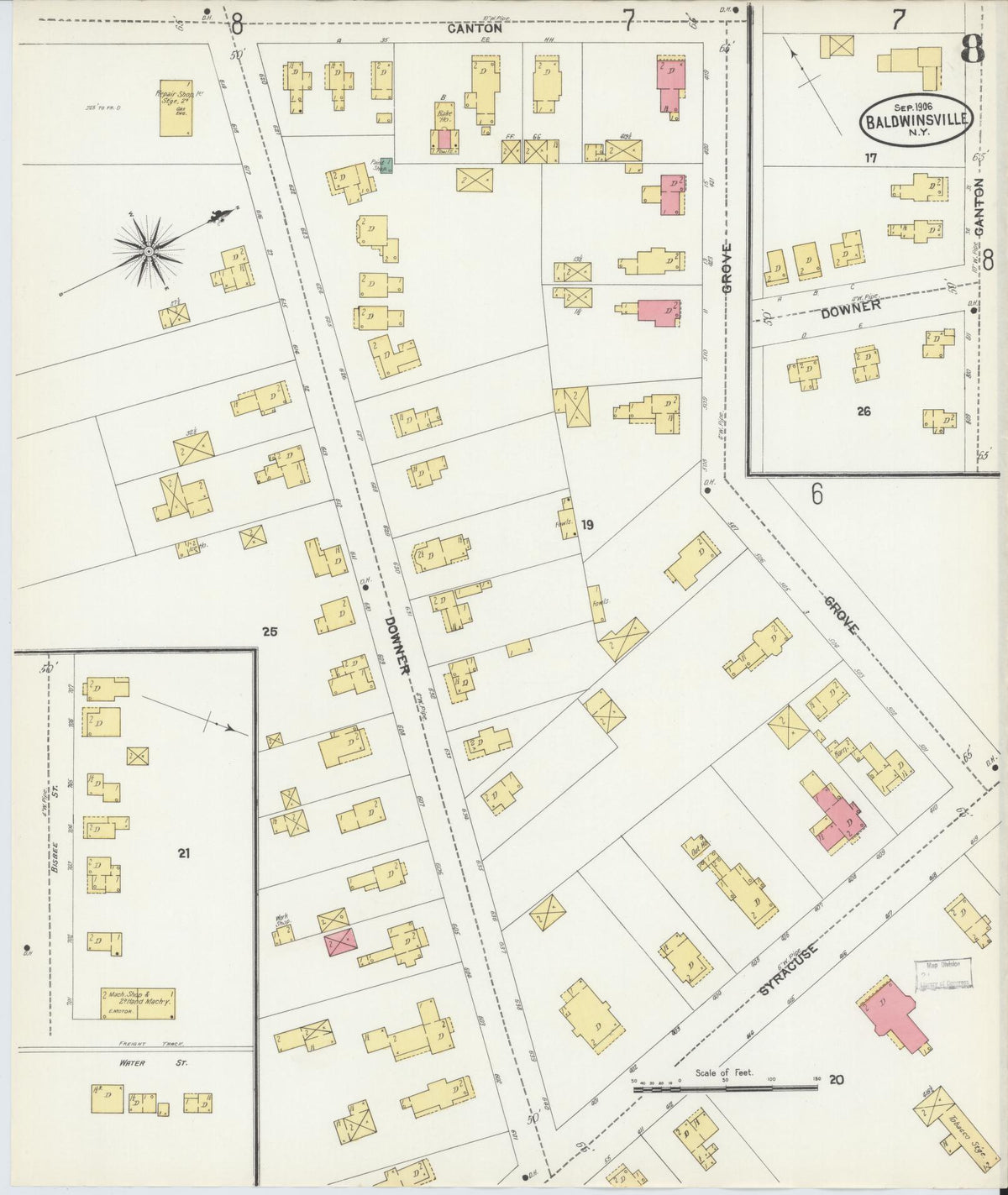 Sanborn Fire Insurance Map from Baldwinsville, Onondaga County, New York (1906), Sheet #0008 - Historic Sanborn Fire Insurance Map Print, vintage old map wall art, antique decor, genealogy gift, New York New York map