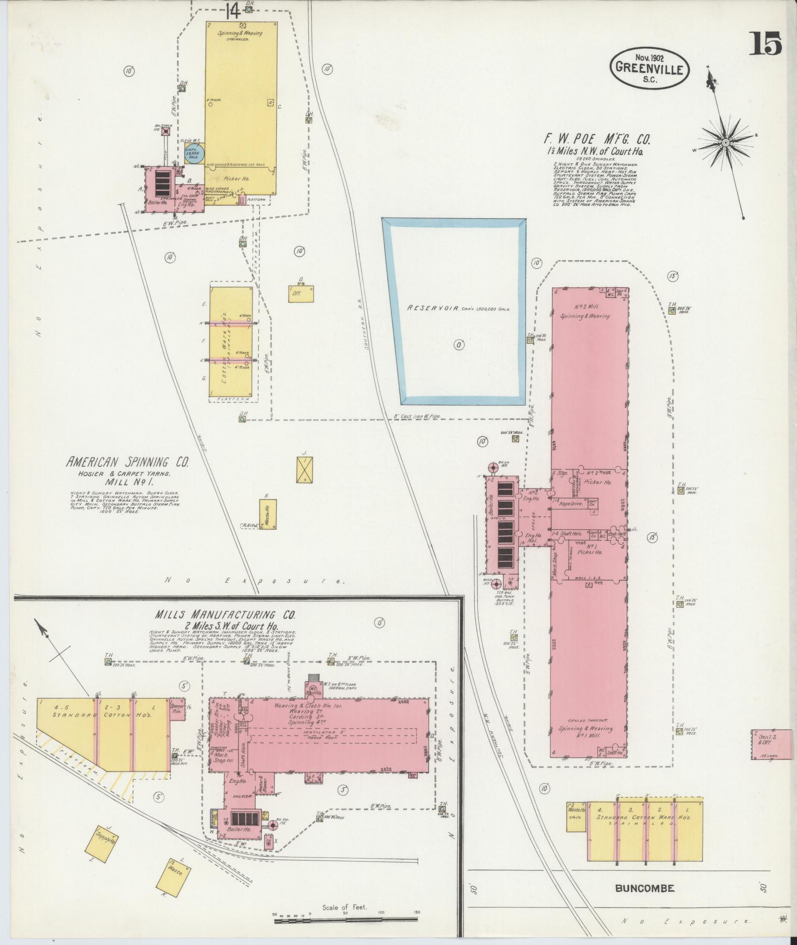 Sanborn Fire Insurance Map from Greenville, Greenville County, South Carolina (1902), Sheet #0015 - Complete Map Set gallery image, historic Sanborn map, vintage wall art, South Carolina South Carolina