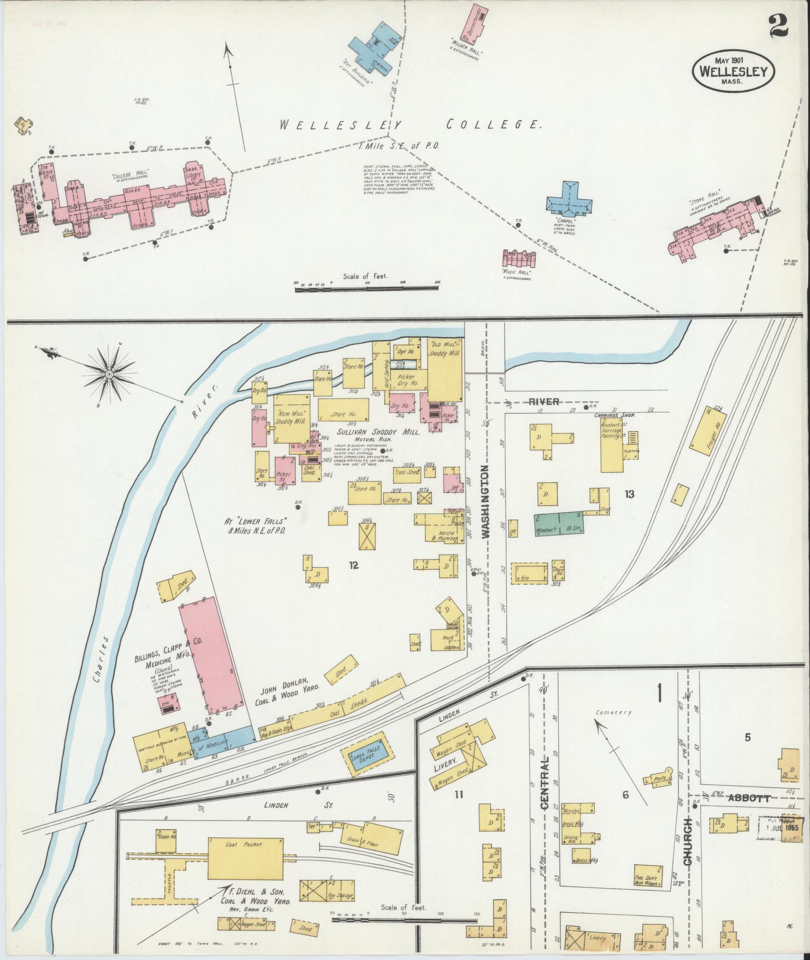 Sanborn Fire Insurance Map from Wellesley, Norfolk County, Massachusetts (1901), Sheet #0002 - Historic Sanborn Fire Insurance Map Print, vintage old map wall art, antique decor, genealogy gift, Massachusetts Massachusetts map
