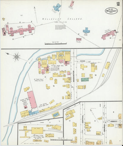 Sanborn Fire Insurance Map from Wellesley, Norfolk County, Massachusetts (1901), Sheet #0002 - Historic Sanborn Fire Insurance Map Print, vintage old map wall art, antique decor, genealogy gift, Massachusetts Massachusetts map