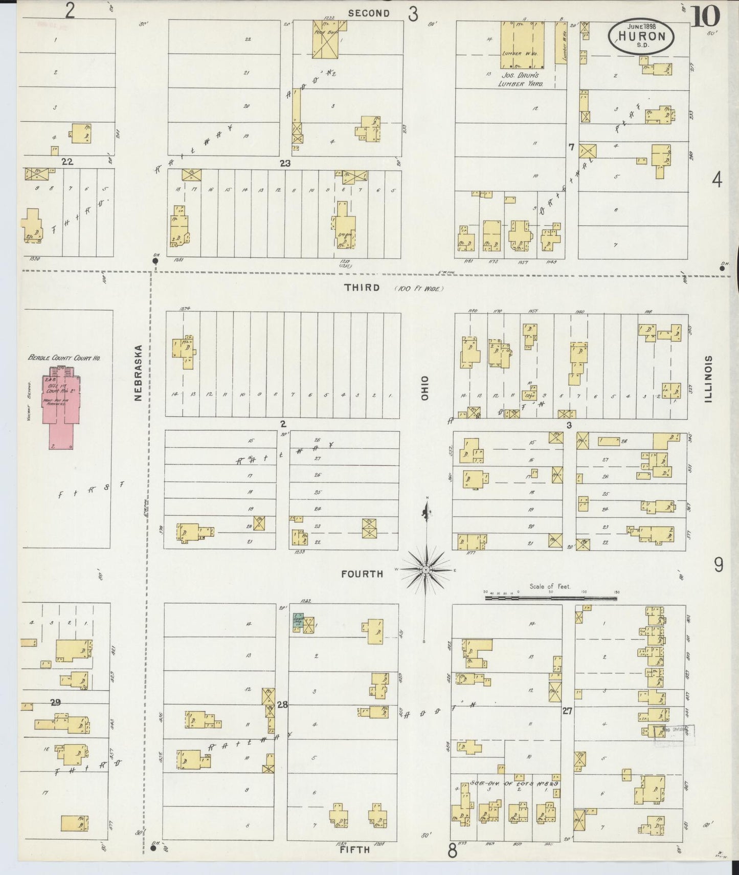 Sanborn Fire Insurance Map from Huron, Beadle County, South Dakota (1898), Sheet #0010 - Historic Sanborn Fire Insurance Map Print, vintage old map wall art, antique decor, genealogy gift, South Dakota South Dakota map