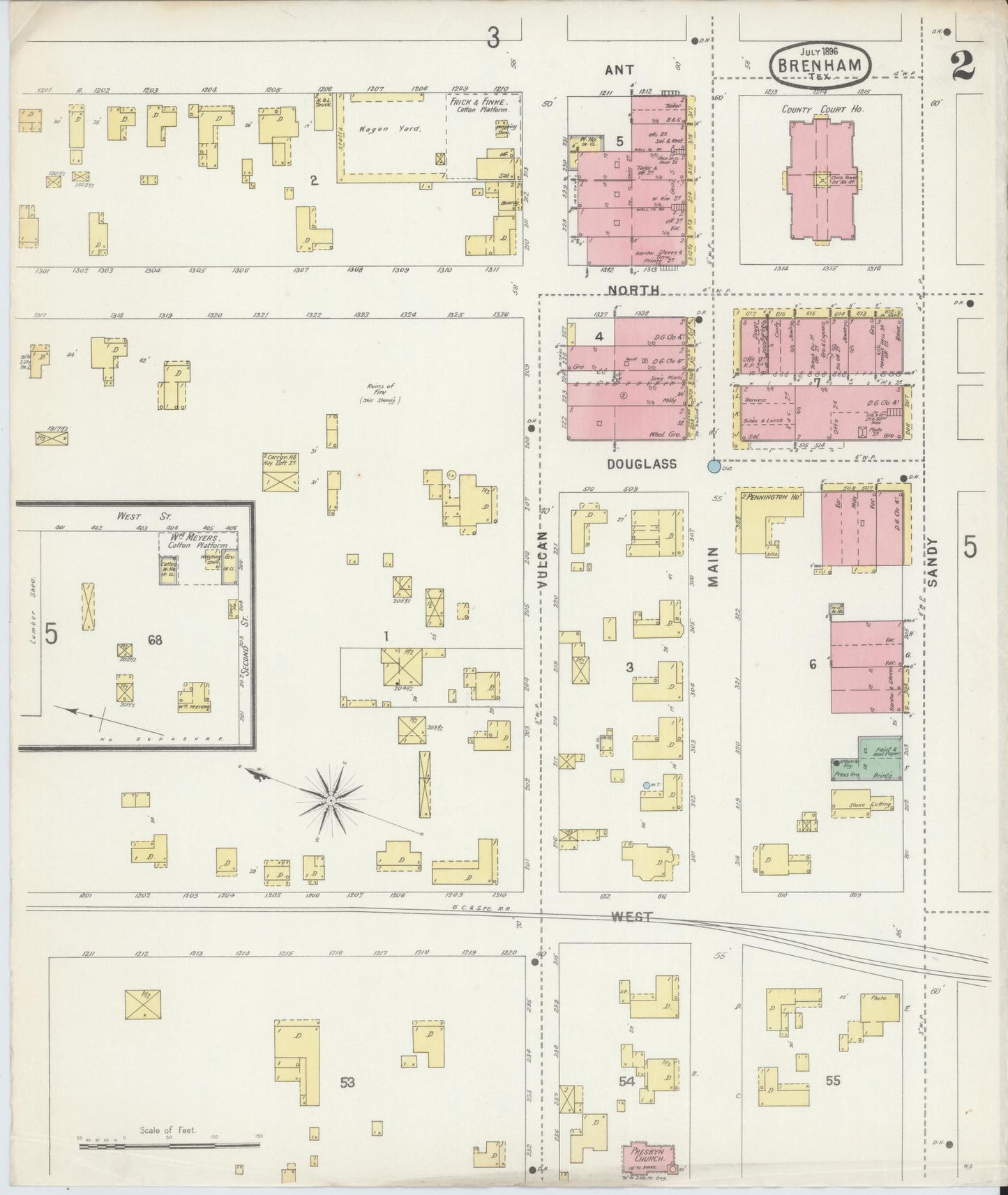 Sanborn Fire Insurance Map from Brenham, Washington County, Texas (1896), Sheet #0002 - Historic Sanborn Fire Insurance Map Print, vintage old map wall art, antique decor, genealogy gift, Texas Texas map