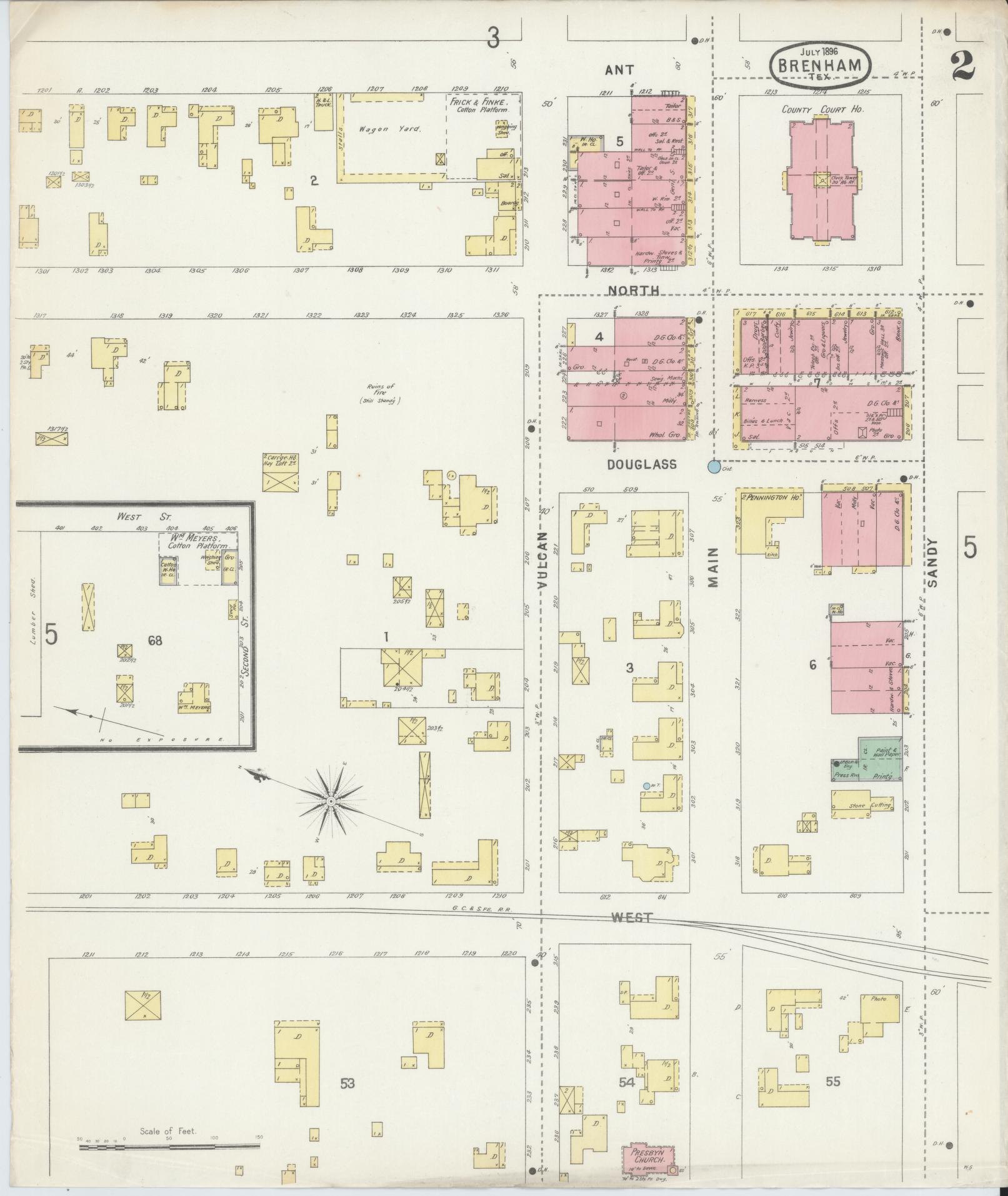 Sanborn Fire Insurance Map from Brenham, Washington County, Texas (1896), Sheet #0002 - Historic Sanborn Fire Insurance Map Print, vintage old map wall art, antique decor, genealogy gift, Texas Texas map