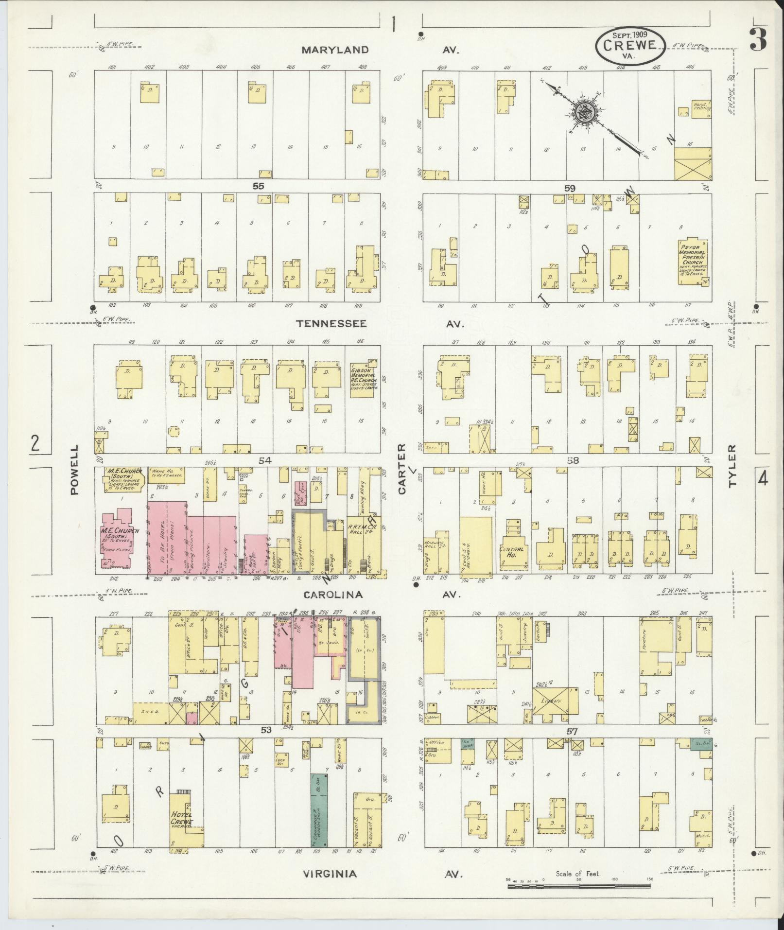 Sanborn Fire Insurance Map from Crewe, Nottoway County, Virginia (1909), Sheet #0003 - Historic Sanborn Fire Insurance Map Print, vintage old map wall art, antique decor, genealogy gift, Virginia Virginia map