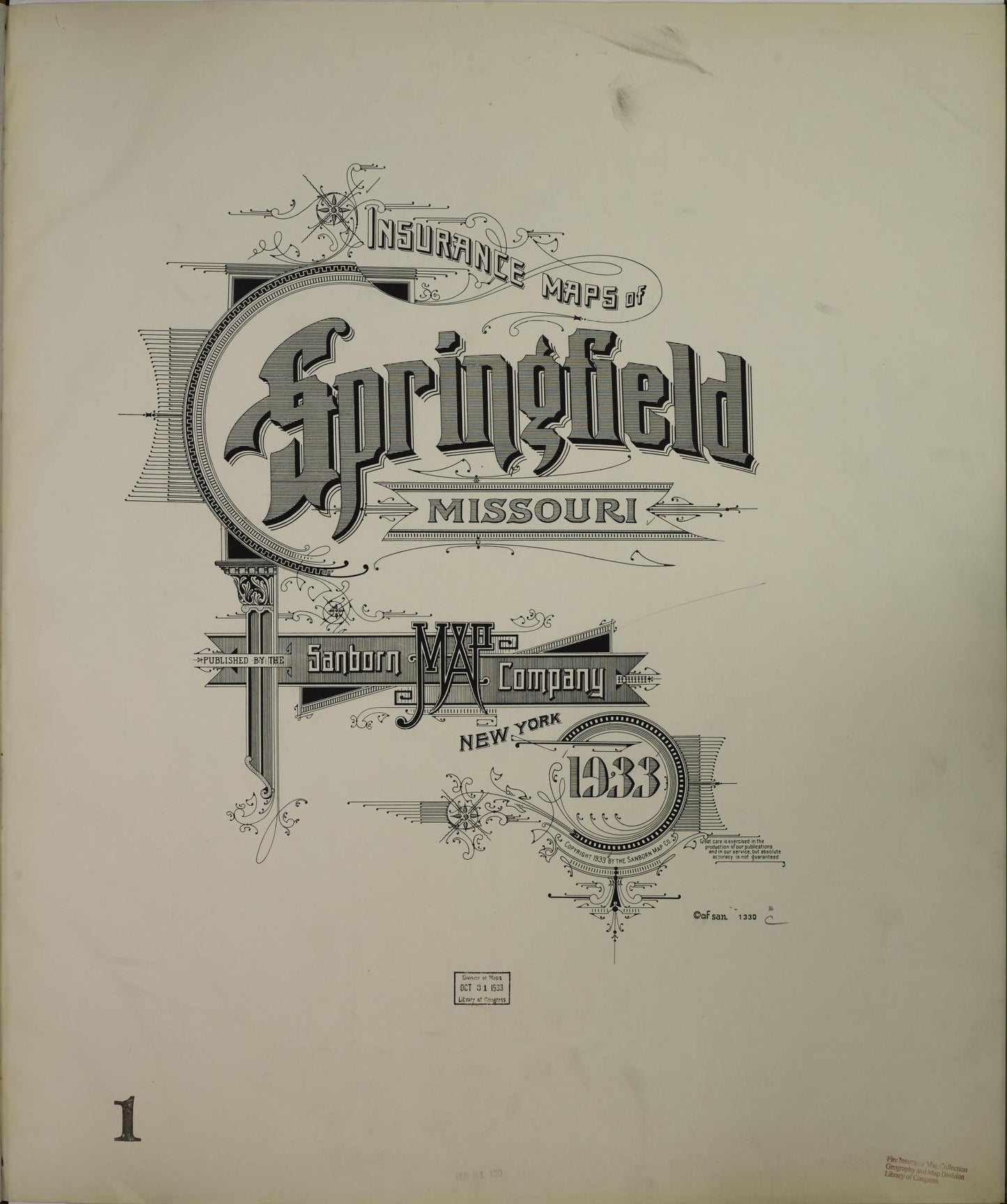 Sanborn Fire Insurance Map from Springfield, Greene County, Missouri (1933), Sheet #0001 - Historic Sanborn Fire Insurance Map Print, vintage old map wall art, antique decor, genealogy gift, Missouri Missouri map