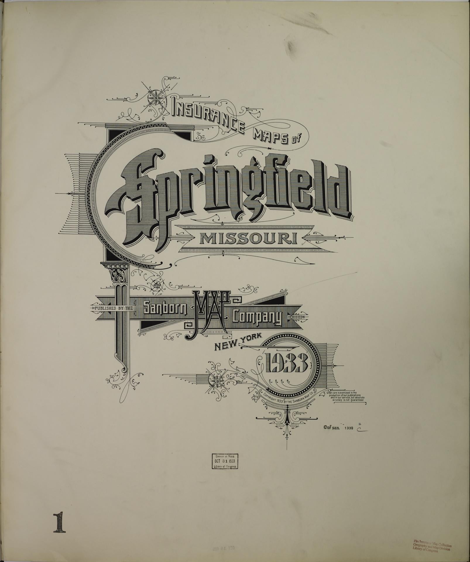 Sanborn Fire Insurance Map from Springfield, Greene County, Missouri (1933), Sheet #0001 - Historic Sanborn Fire Insurance Map Print, vintage old map wall art, antique decor, genealogy gift, Missouri Missouri map